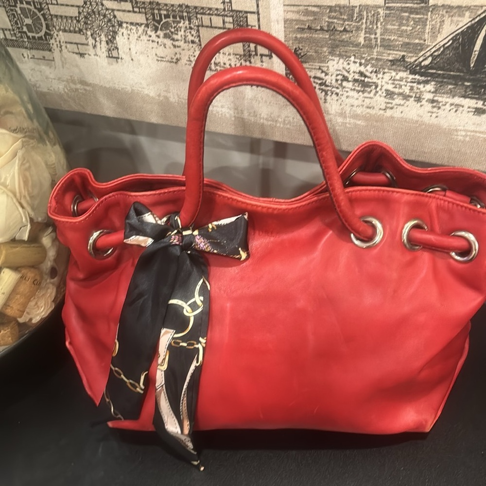 Furla Red Leather Satchel with Unbranded Twilly Detail EUC - Picture 14 of 16